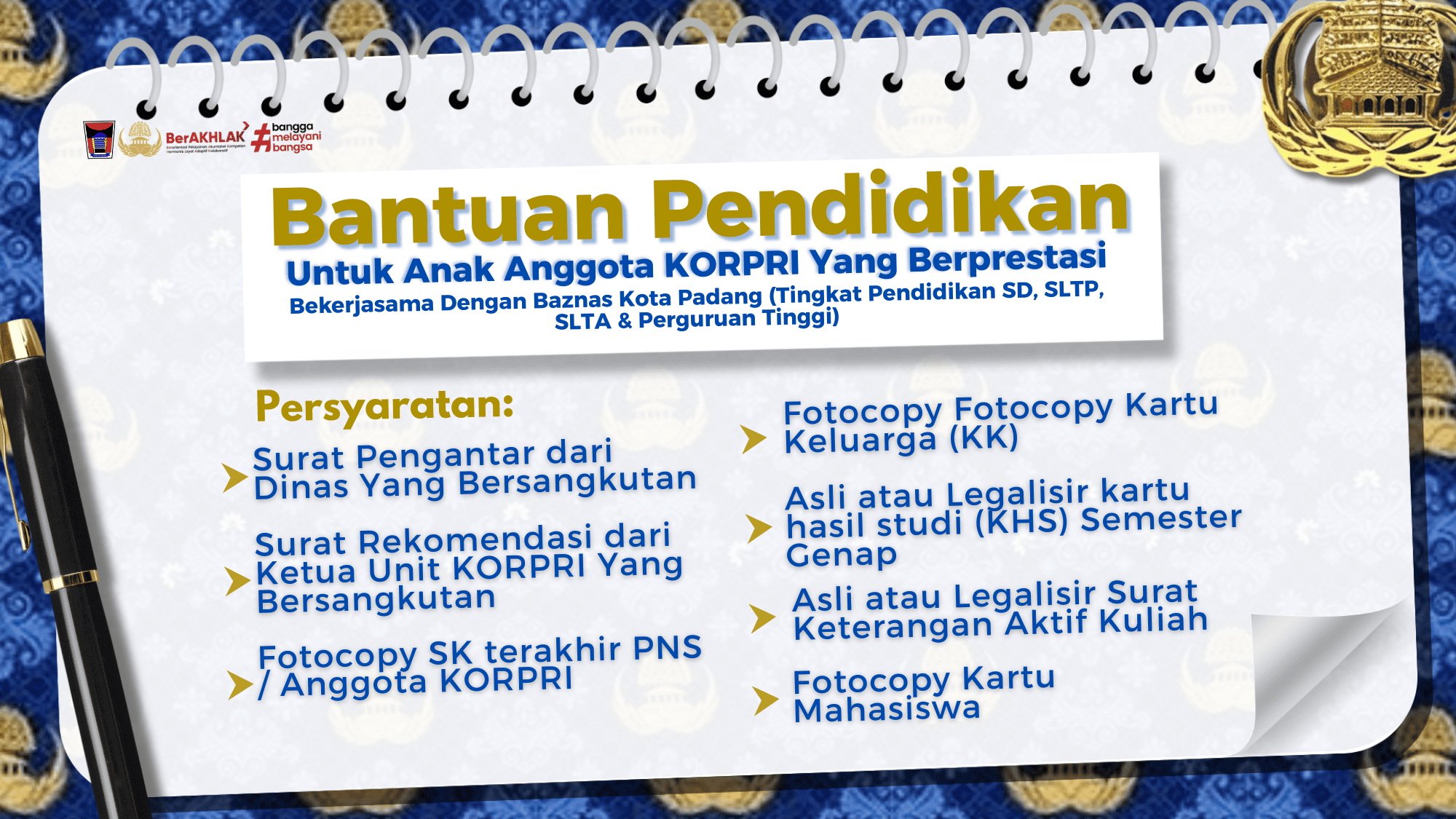 Bantuan Pendidikan untuk Anak Anggota KORPRI Kota Padang yang Bersprestasi